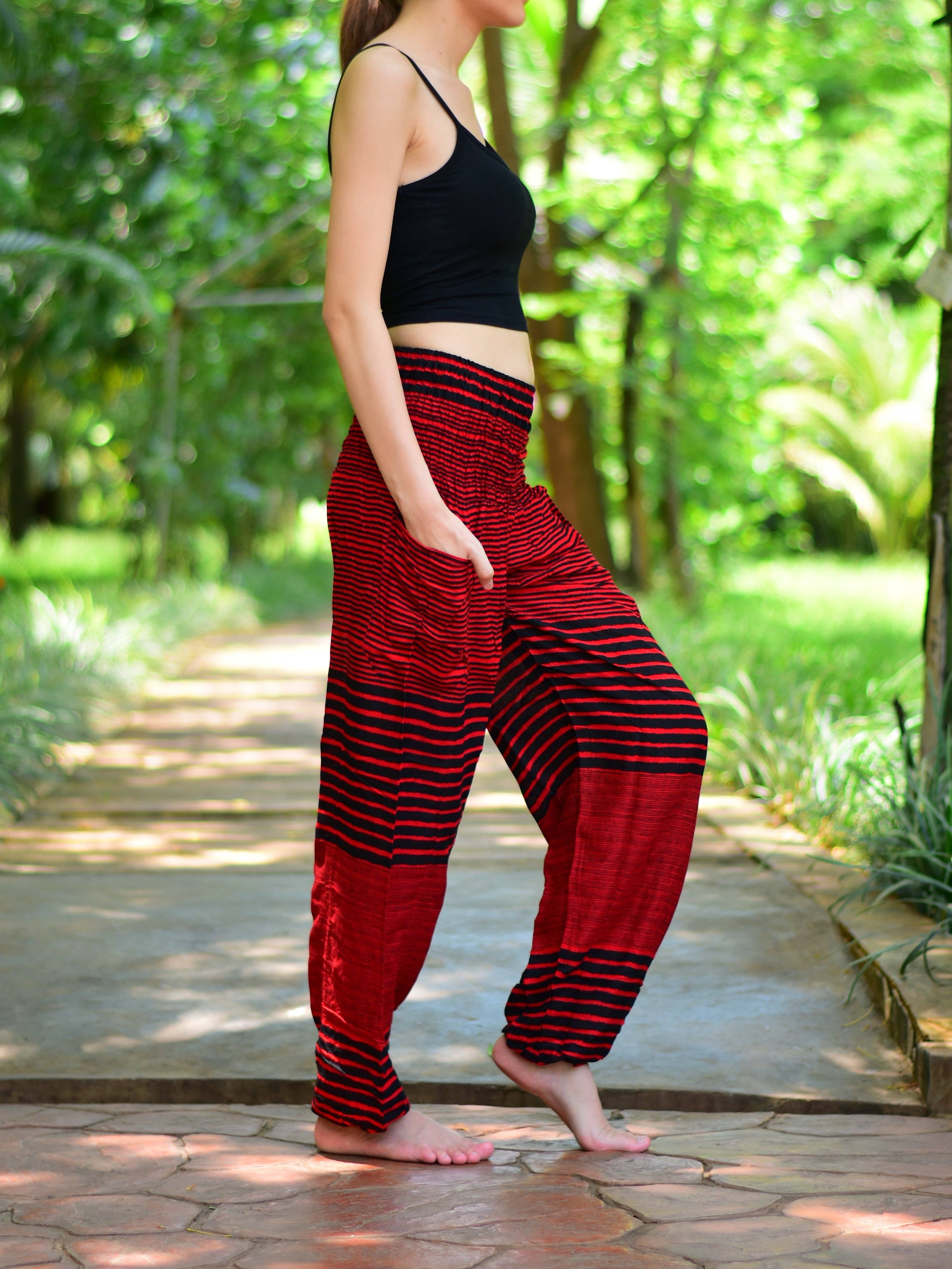 Red Patch Stripe Elasticated Waist Harem Pants for wholesale on Faire1