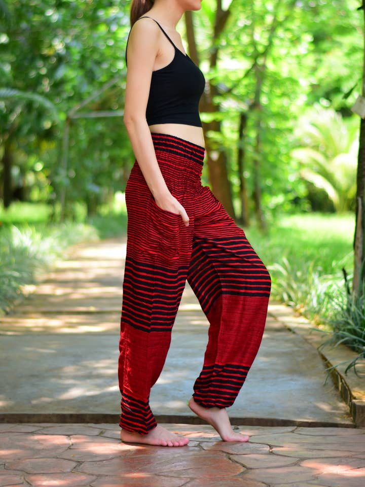 Red Patch Stripe Elasticated Waist Harem Pants for wholesale on Faire1
