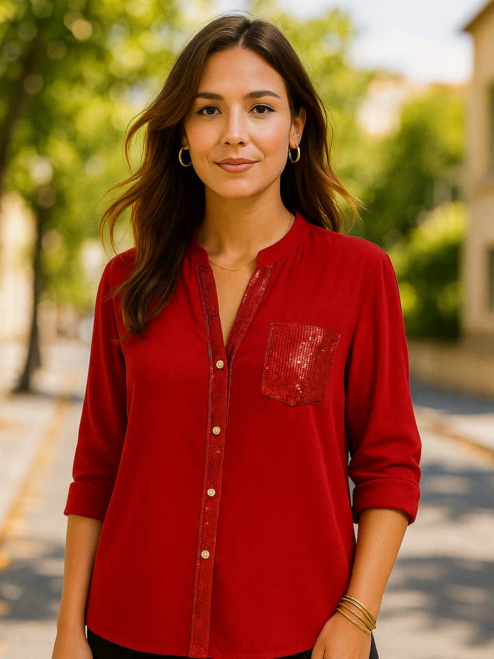 0225 Haut rouge à paillettes avec poche à paillettes pour la vente par LTX Sportswear
