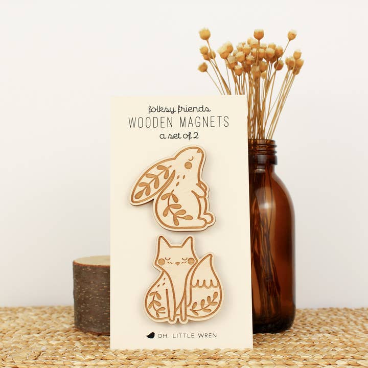 Wood Forest Animal Magnet Pair | Fox + Rabbit | Nature Lover Gift for wholesale by oh, little wren