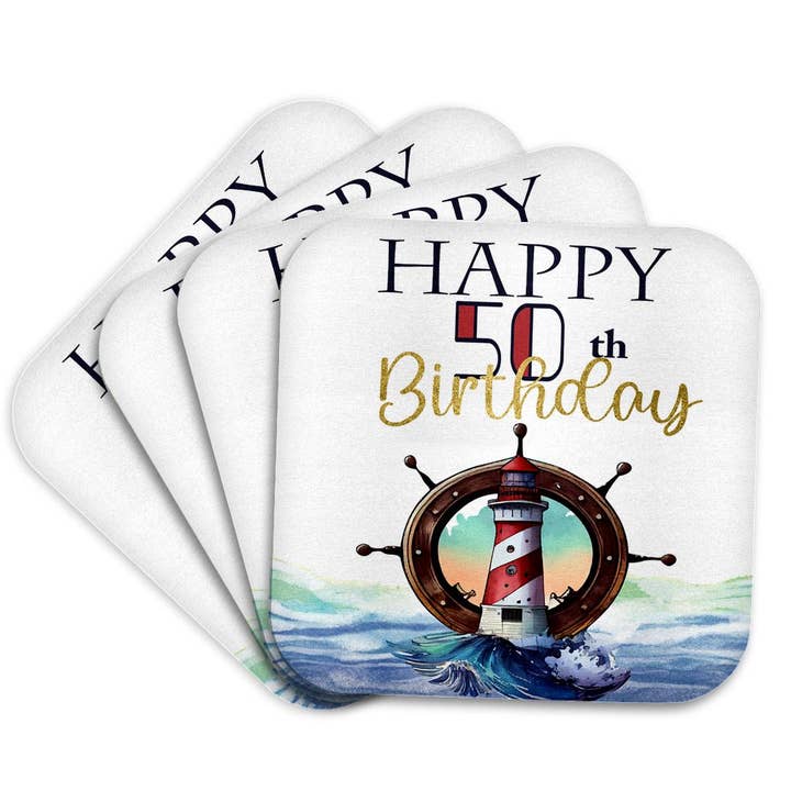 3dRose, Fijne 50e Verjaardag Vuurtoren Zeilwiel Nautische Scene, Onderzetter voor wholesale door 3dRose