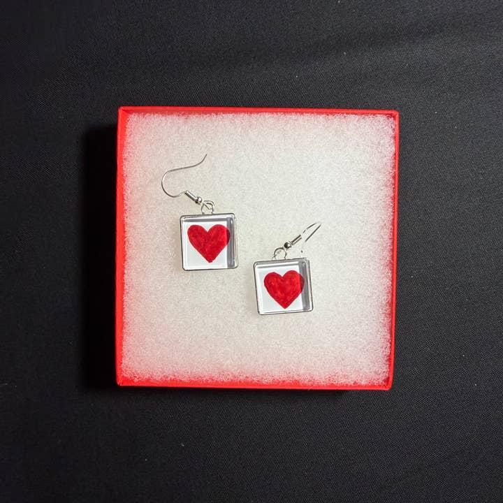 Patchwork Quilt Heart Earrings Red for wholesale by Quilt Design Jewelry