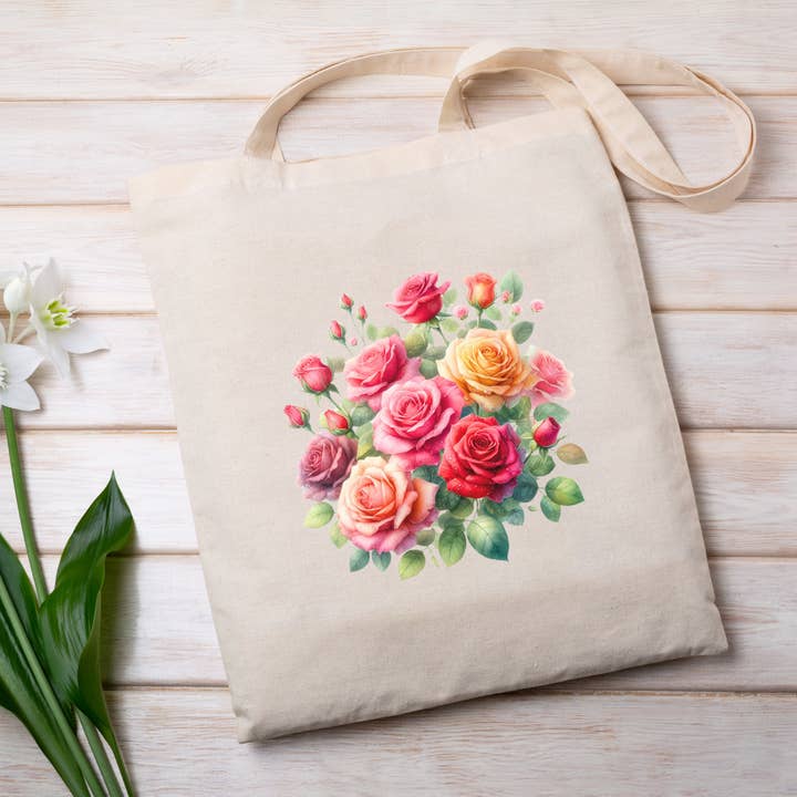 The Sankofa Cache - Wholesale Tote Bag - Women's - Fancy Florals - Roses - Canvas Bag - 15" H x 15" W
