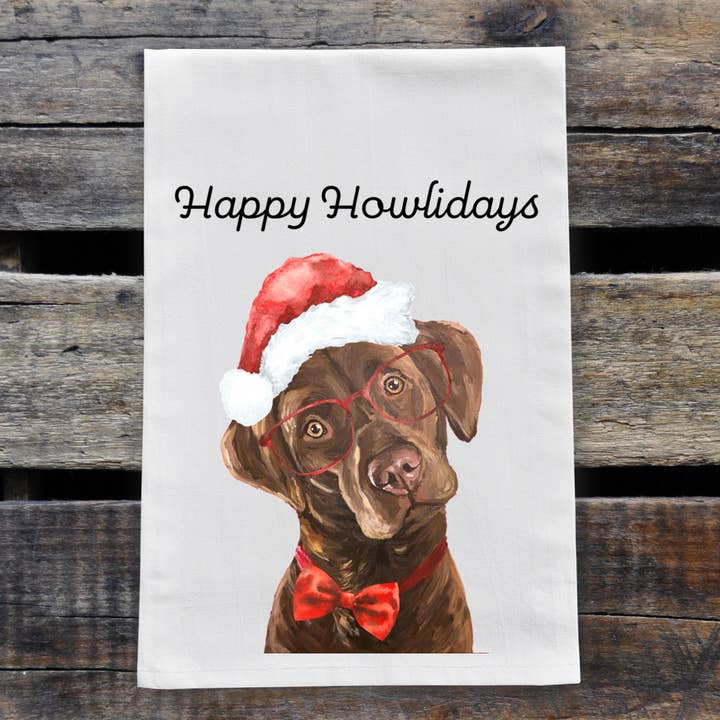 Hippie Hound Studios - Wholesale Tea Towel - Christmas Dog Tea Towel, 'Happy Howlidays' Lab Towel