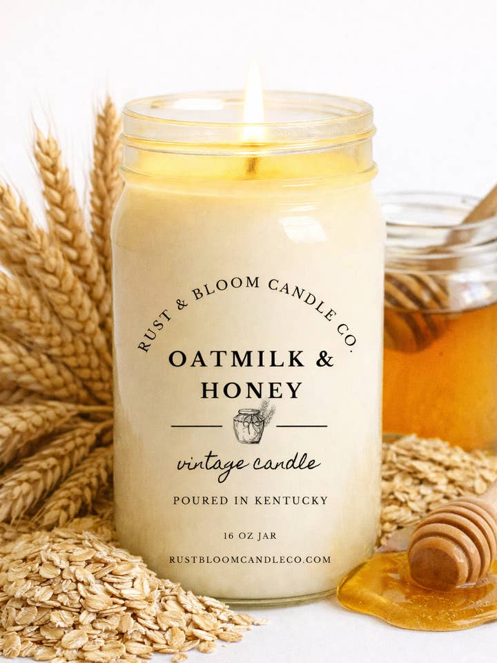 Oatmilk & Honey 16 Oz Soy Candle for wholesale by Rust & Bloom Candle Co