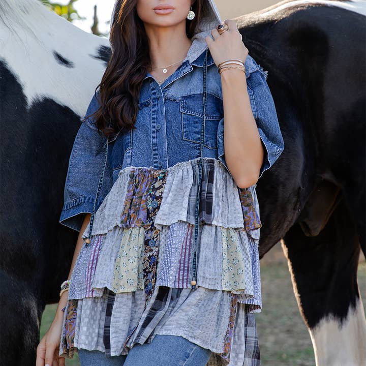 Young Threads - Wholesale Blouse - Women's - Front-Open Hooded Denim Shirt with Playful Mixed Ruffles
8