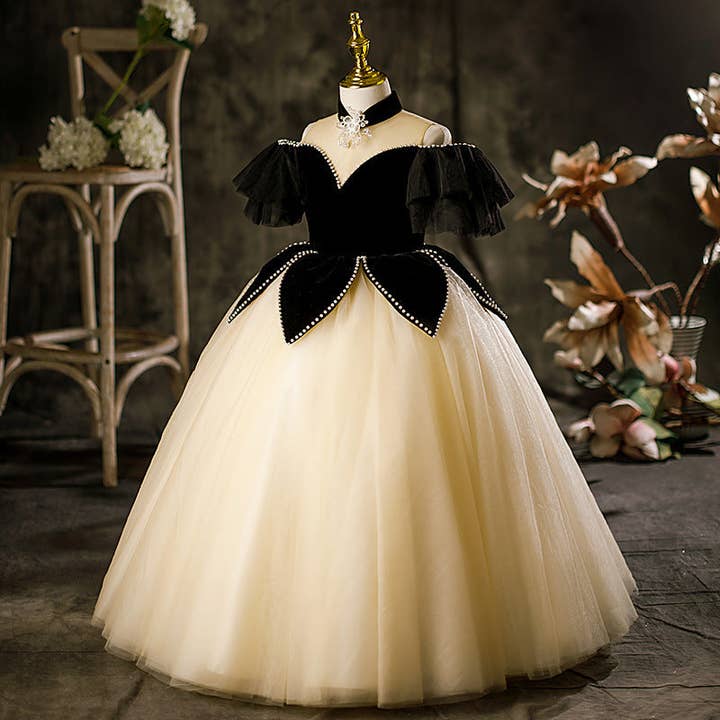 Princess Black Hostess Dress For Girls: Luxurious One-Shoulder Piano Performance Attire for wholesale on Faire4