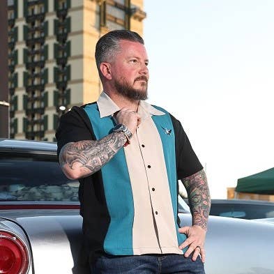 Atomic Mad Men Bowling Shirt in Black/Pacific/Stone for wholesale by Steady Clothing