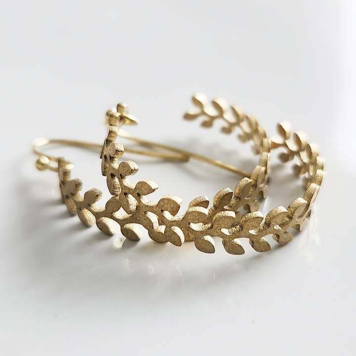 Brass Fern, Olive & Myrtle Leaf Hoop Dangle Earrings for wholesale by Sara Sela Jewelry