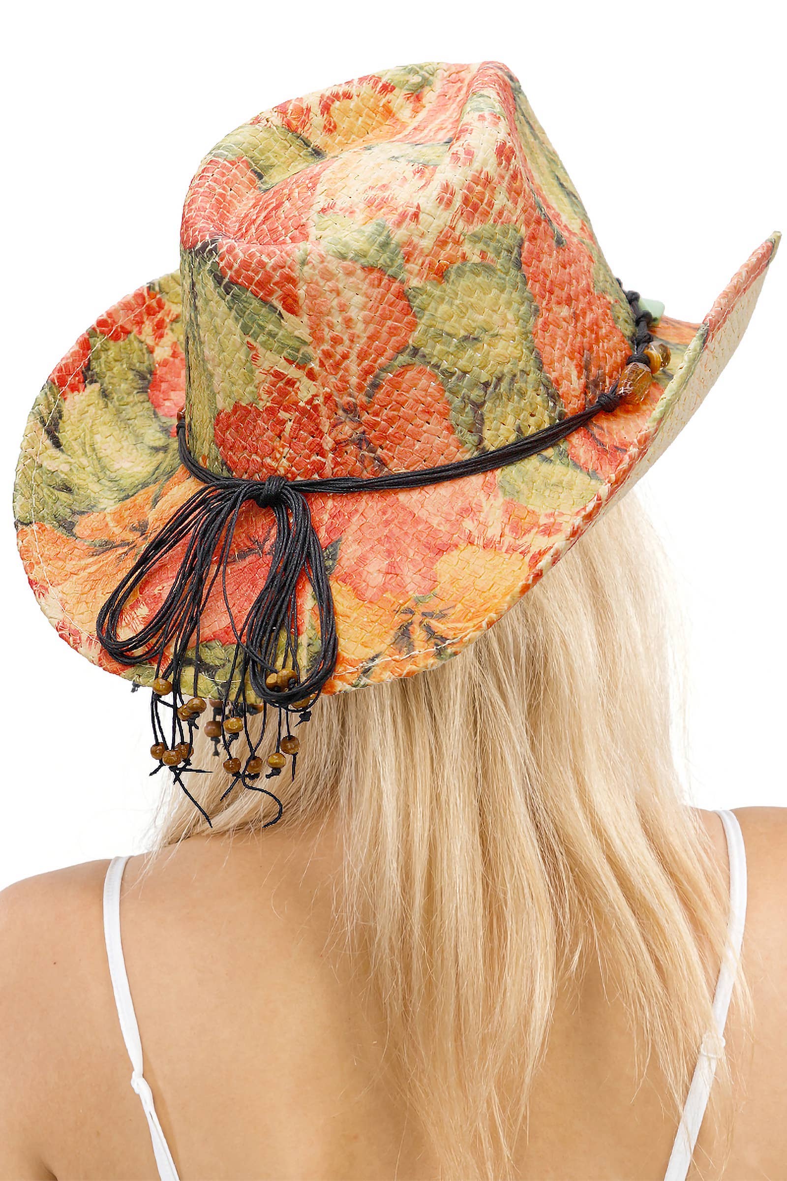 Cap Zone - Wholesale Cowboy Hat - Women's - Floral Print Raffia Paper Straw Cowboy Hat7
