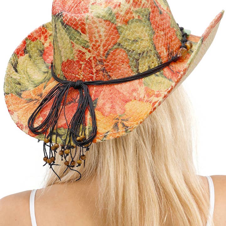 Cap Zone - Wholesale Cowboy Hat - Women's - Floral Print Raffia Paper Straw Cowboy Hat7