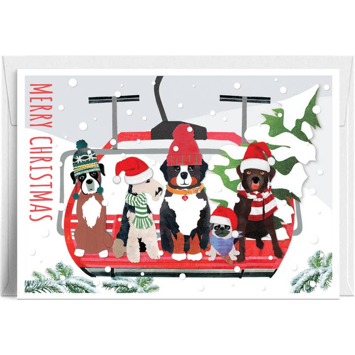 « Remontée Mécanique des Toutous Noël » – Carte de Vœux Fantaisiste pour la vente par Lilybart LLC