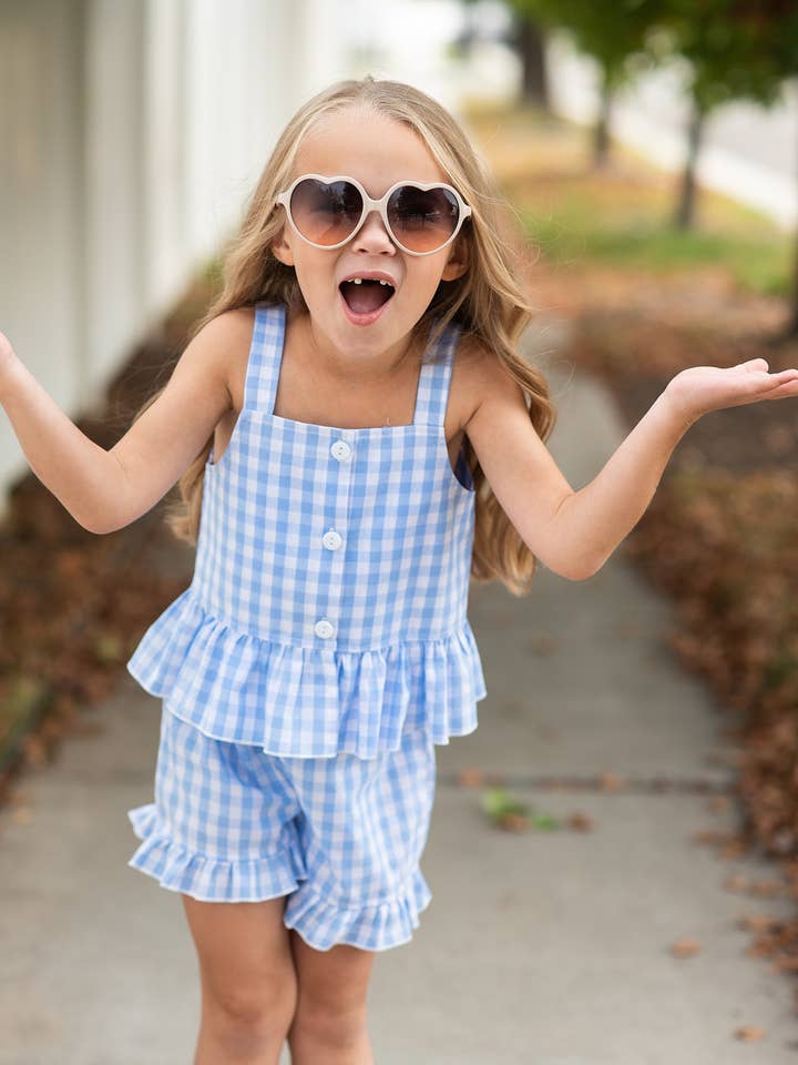 Wren & James - Wholesale Top & Short Set - Kids - Kids Blue Check Gingham Ruffle Button Short Set2
