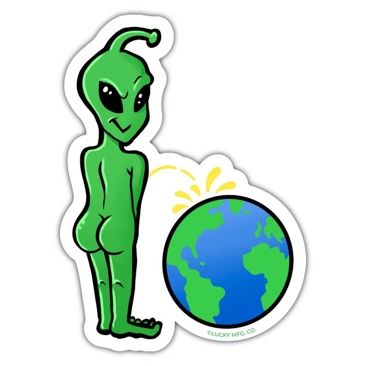 Alien Peeing on Earth Vinyl Sticker for wholesale by Lucky Mfg. Co.