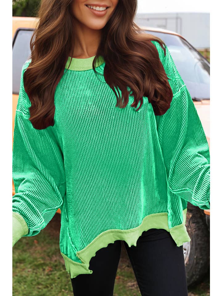 fashionworks - Wholesale Knit Top - Women's - Mardi Gras Twist Rib Uneven Hem Drop Shoulder Loose Knit Top8