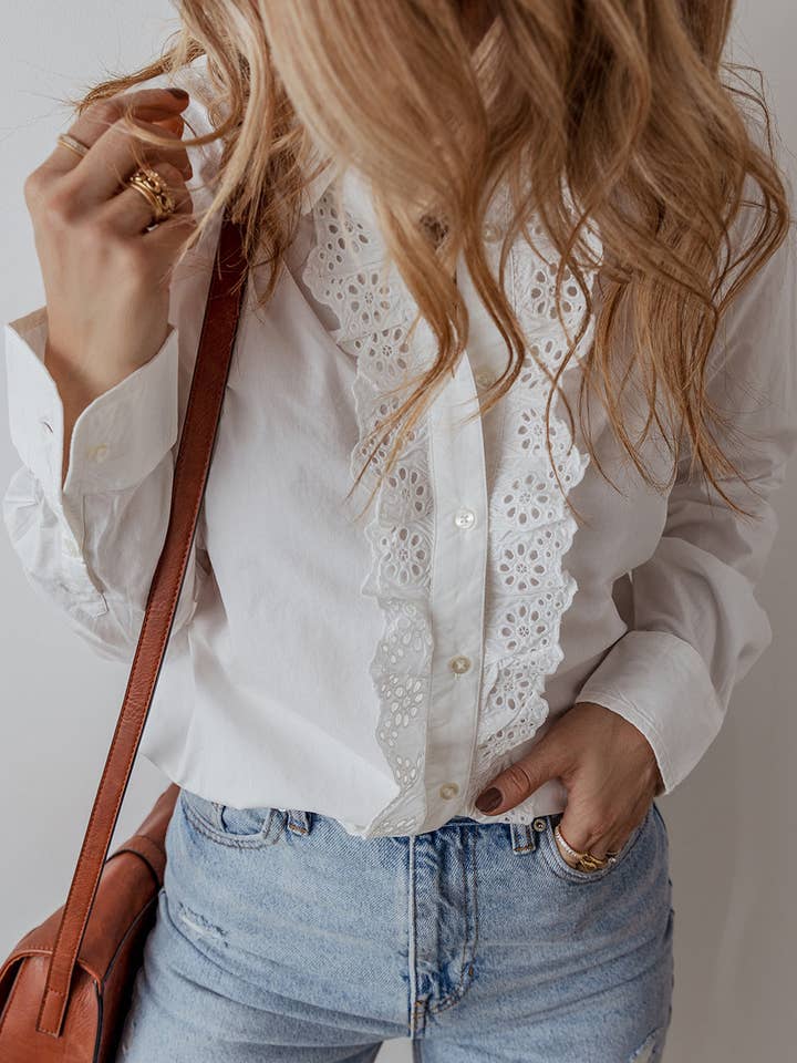 White Eyelet Lace Trim Buttoned Shirt for wholesale on Faire