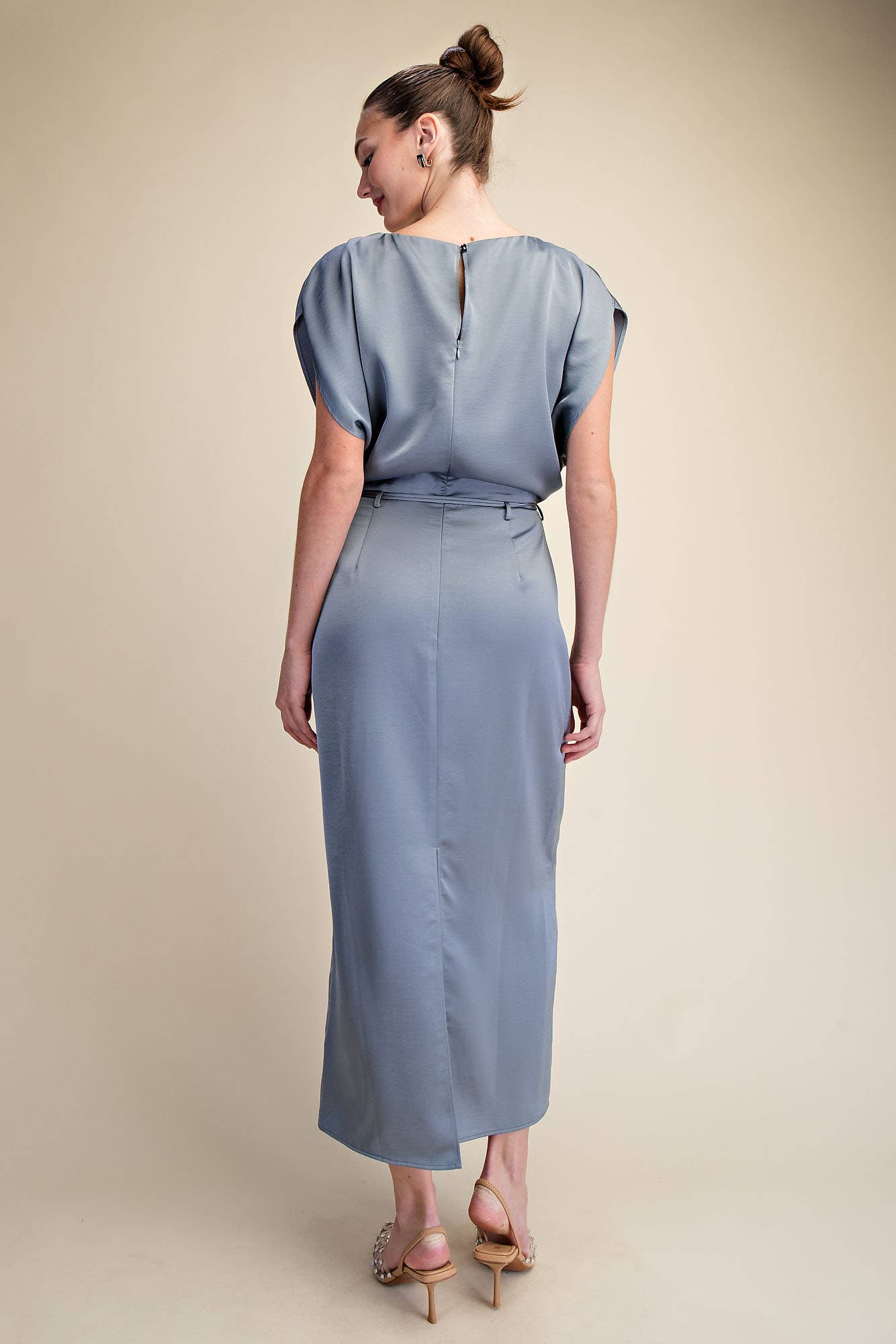 Glam - Wholesale Dress - Women's - Round Neck Waist Tie Back Slit Midi Dress8