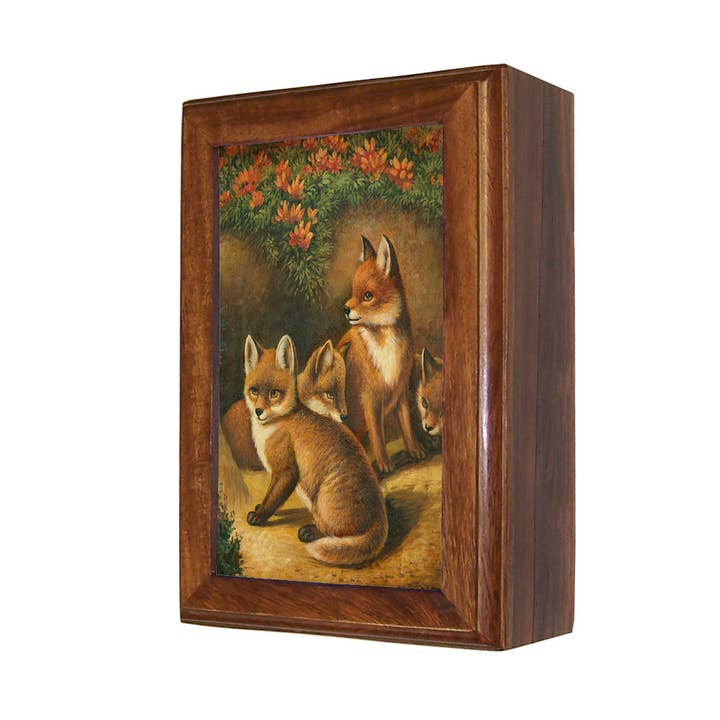 Four Young Foxes Decorative Vintage Wood Trinket Box for wholesale by Madison Bay Co. - Historical Home Decor Reproductions