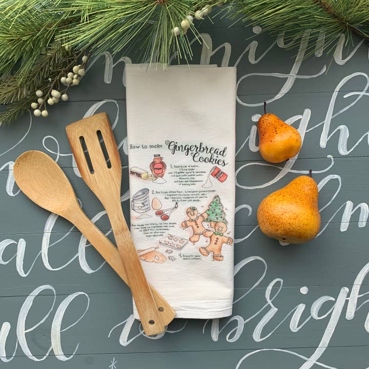 Meadowbrook Lane - Wholesale Tea Towel - Watercolor How to make Gingerbread Flour Sack Tea Towel