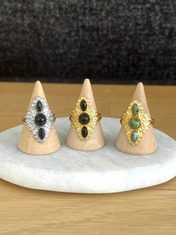 Anel étnico em aço inoxidável e pedra natural por atacado de Innaya