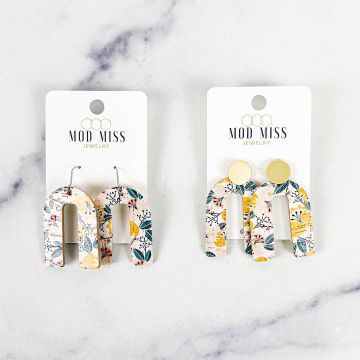 The Mod Miss - Wholesale Dangle Earrings - Cork+Leather Arch Earring "Yellow Fantasy"2