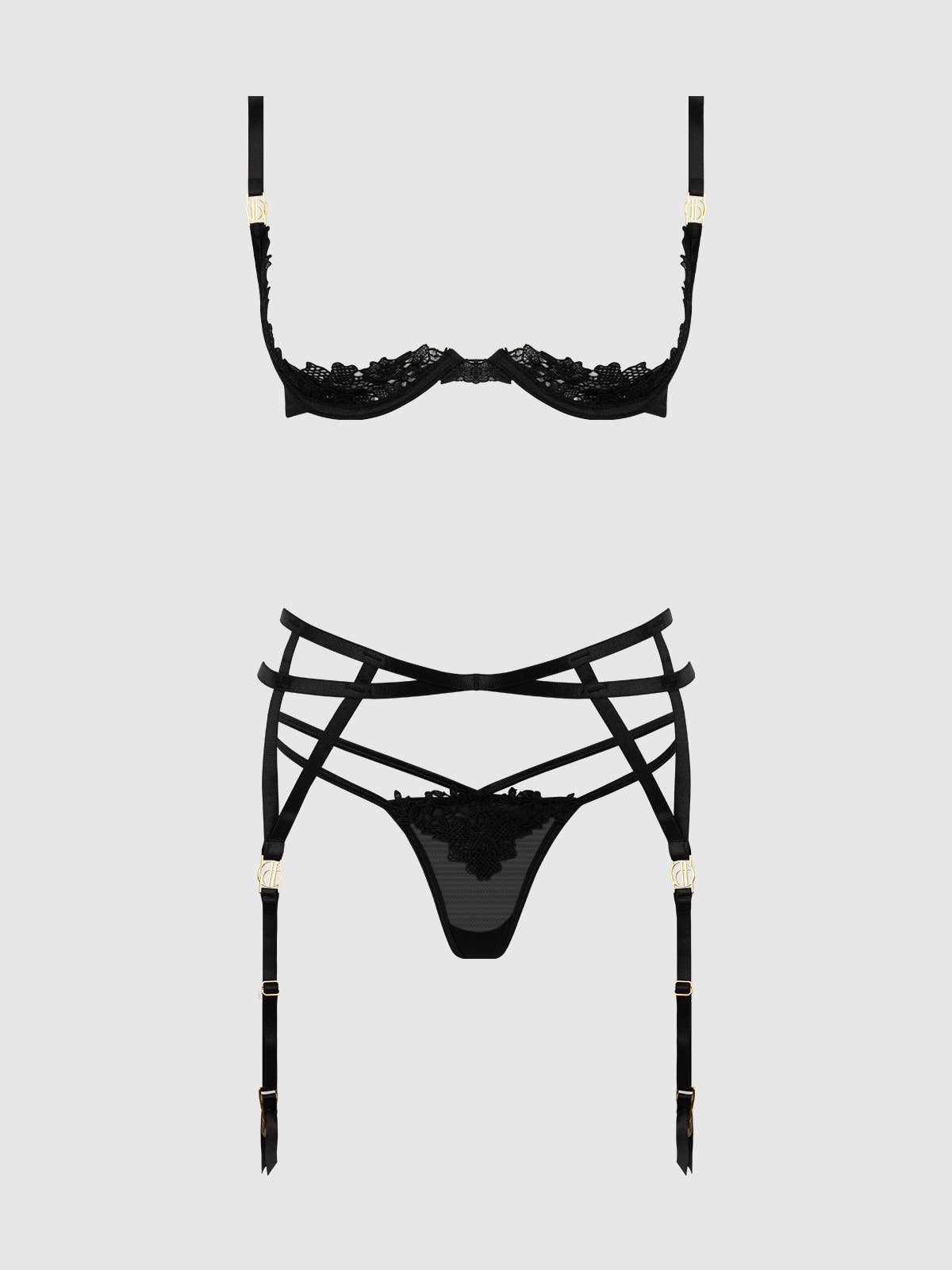 Nero ASHLEY ALEXISS, SET CON REGGISENO APERTO IN PIZZO, PERIZOMA E GIARRETTIERA in vendita all'ingrosso su Faire6