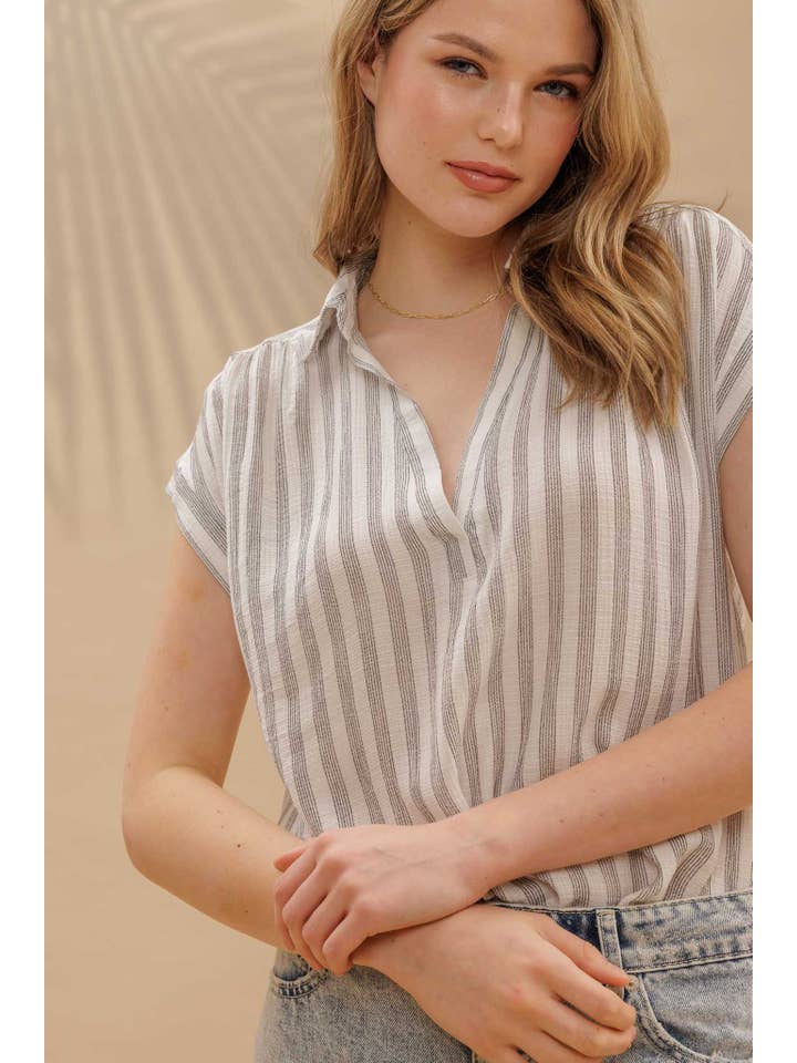 Blu Pepper - Wholesale Blouse - Women's - STRIPE COLLARED CUFF SLEEVE LIGHTWEIGHT SHIRT