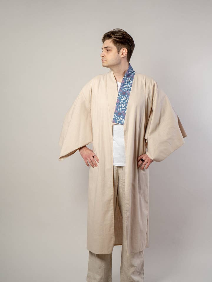 RONAMI kimono long en lin avec motifs sakura pour la vente par OH KIMONO