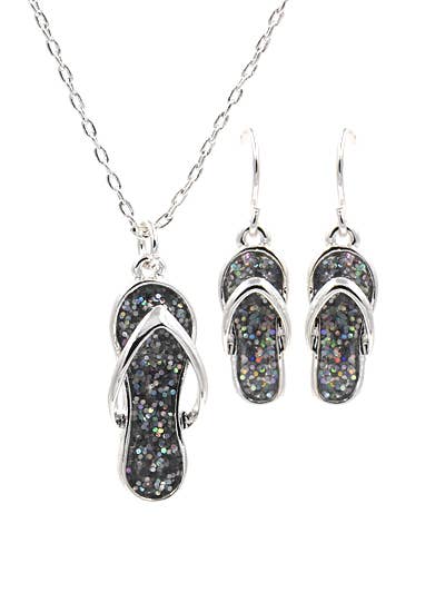 0011 PREMIERE – wholesale Jewellery set – FR7020 Glitter_Silver Flip Flop Necklace Set0