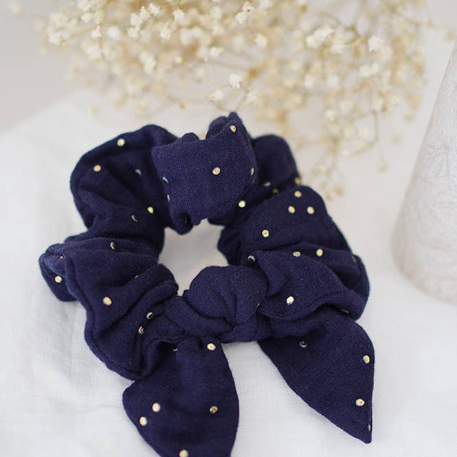 Navy Blue Ivy Bow Scrunchy with Gold Polka Dot for wholesale by Bohomane