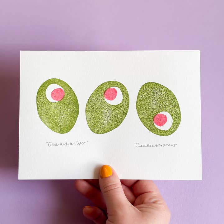 «Aceituna y un giro» Impresión linograbada hecha a mano para venta al por mayor de Andrea Morris Studio