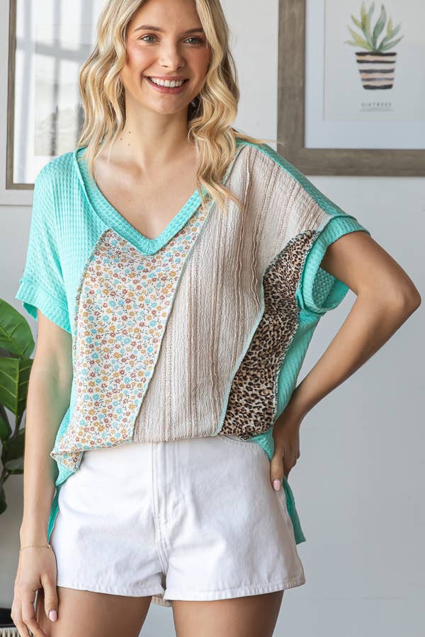 7th Ray - Wholesale Tunic - Women's - Multi Fabric Patchwork V neck Short Sleeve Top T59414