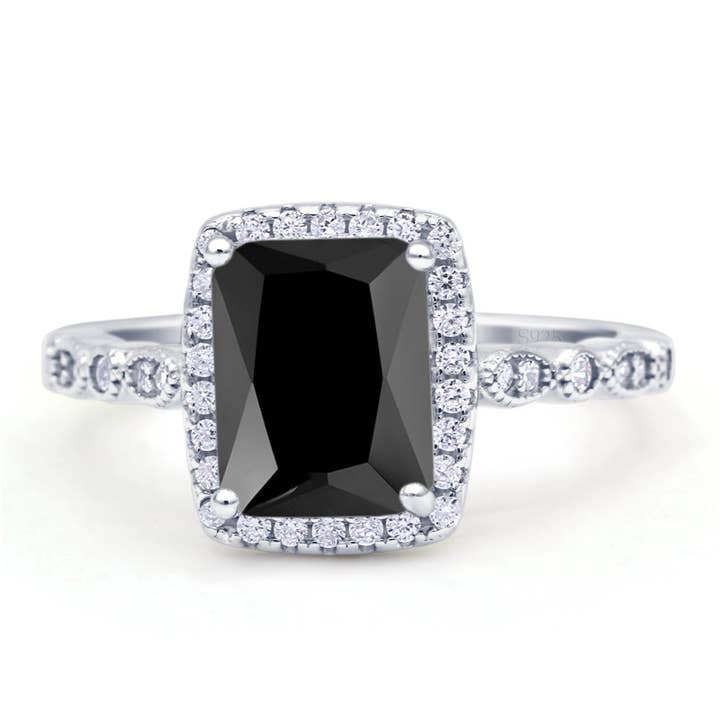 Art Deco Accent Halo Radiant Simulated Black Engagement Ring for wholesale by Blue Apple Imports