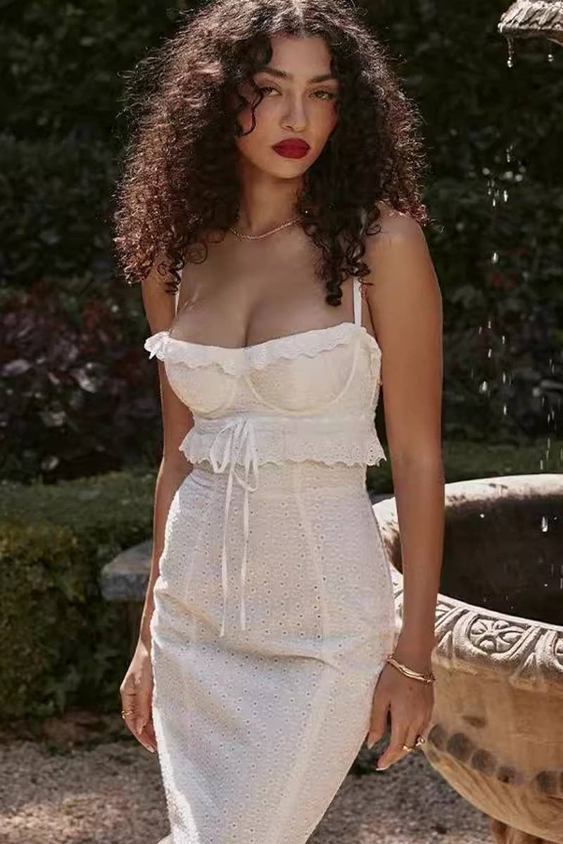 WHITE CWDMD3014_WHITE CROCHET SLIM SUSPENDER LONG DRESS for wholesale on Faire3