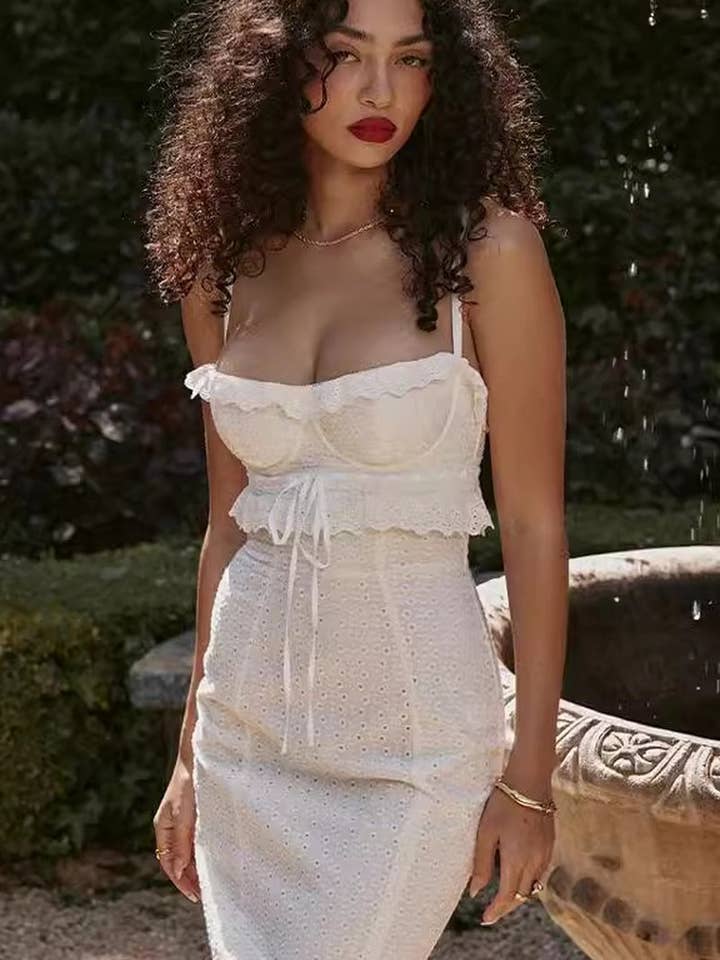 WHITE CWDMD3014_WHITE CROCHET SLIM SUSPENDER LONG DRESS for wholesale on Faire3