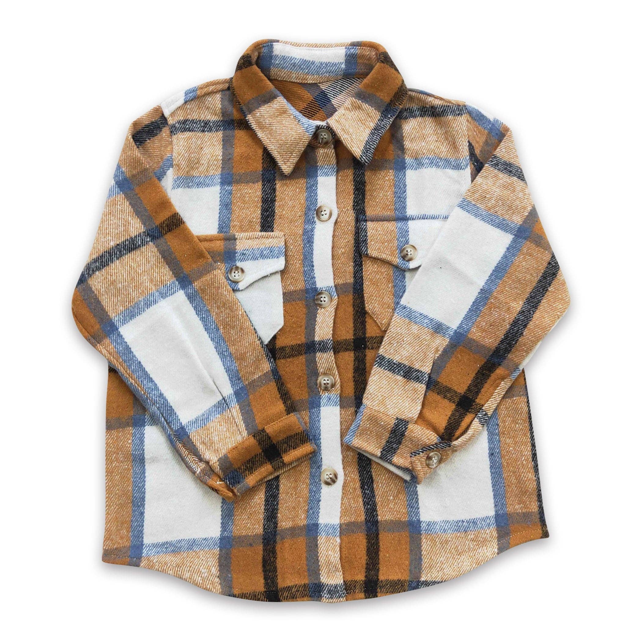 Yawoo Garments - Wholesale Button Down Shirt - Kids - Khaki blue plaid cotton pocket boy super flannel button up shirt1