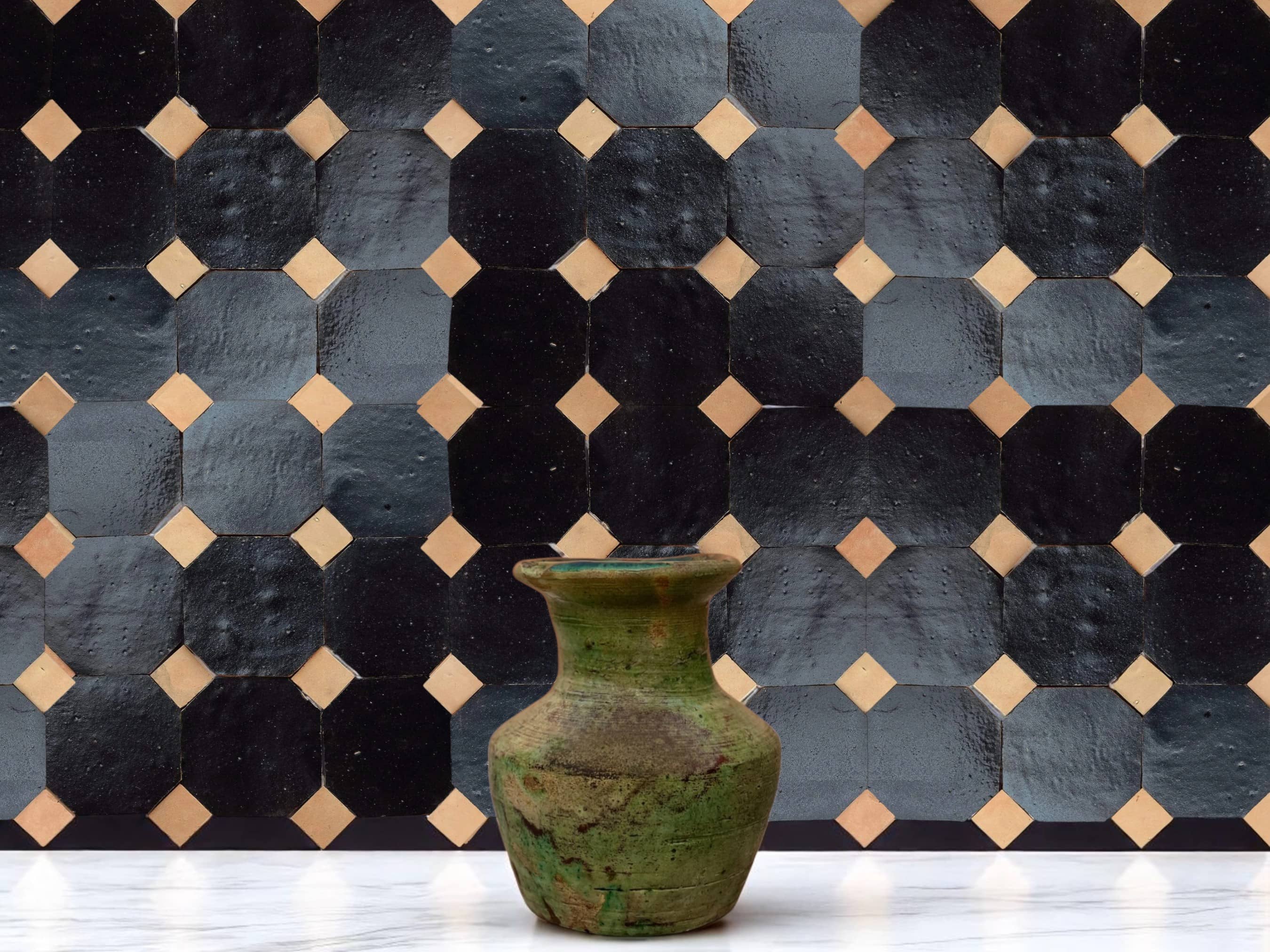 Moroccantastics - Wholesale Wall Tile - Handcrafted Black & Natural Moroccan Zellige Tiles – Octagon & Bouchon Patterns4