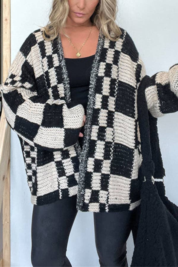 Rosa Clothing - Wholesale Cardigan - Women's - rizz boxy checkerboard knit Cardigan10