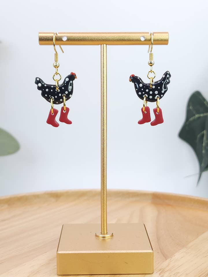 Black Chickens with Red Boots Earrings for wholesale by Erica Halliman Creations