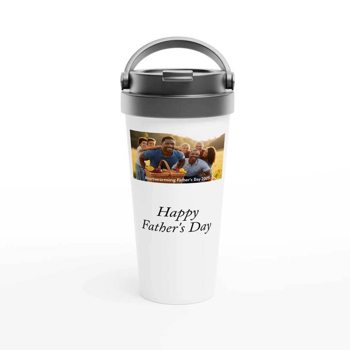 Slow Burn Flame - Wholesale Insulated mug/tumbler - Customizable White 15oz Stainless Steel Travel Mug ( Put your Dad's photo and message on this Stainless Steel Travel Mug)1