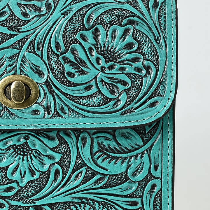 LS Western - Wholesale Crossbody bag – Women's - ADBG1630 Tooled Floral Leather Crossbody Bag with Antique Brass Turn Lock & Chain Strap8