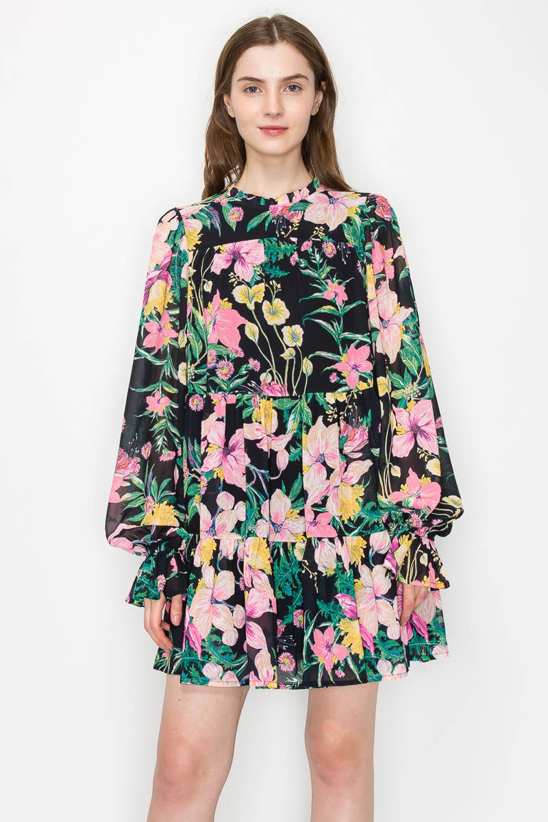 LoveWednesday - Wholesale Dress - Women's - Black wild floral print mini dress - LWD25955