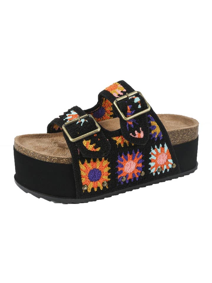 Boho Floral Embroidery Platform Sandals for wholesale by Red Clover USA