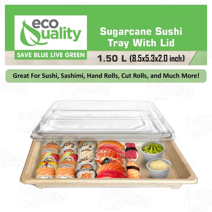 EcoQuality – wholesale Serving tray – 1.5L X-Large Compostable Natural Sugarcane Sushi Trays with Lids