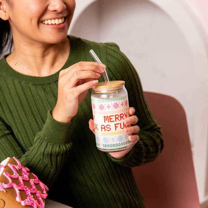 Talking Out of Turn - Wholesale Drinking Glass/Cup - Holiday Can Glass w/Lid + Straw11