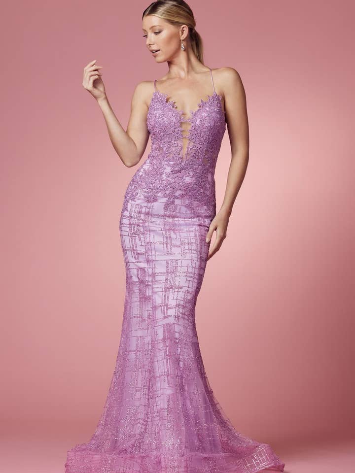 SMC Fashion - Wholesale Gown - Women's - Glitter Deep V-Neck Bodice Trumpet Long Prom Dress NXR282-111