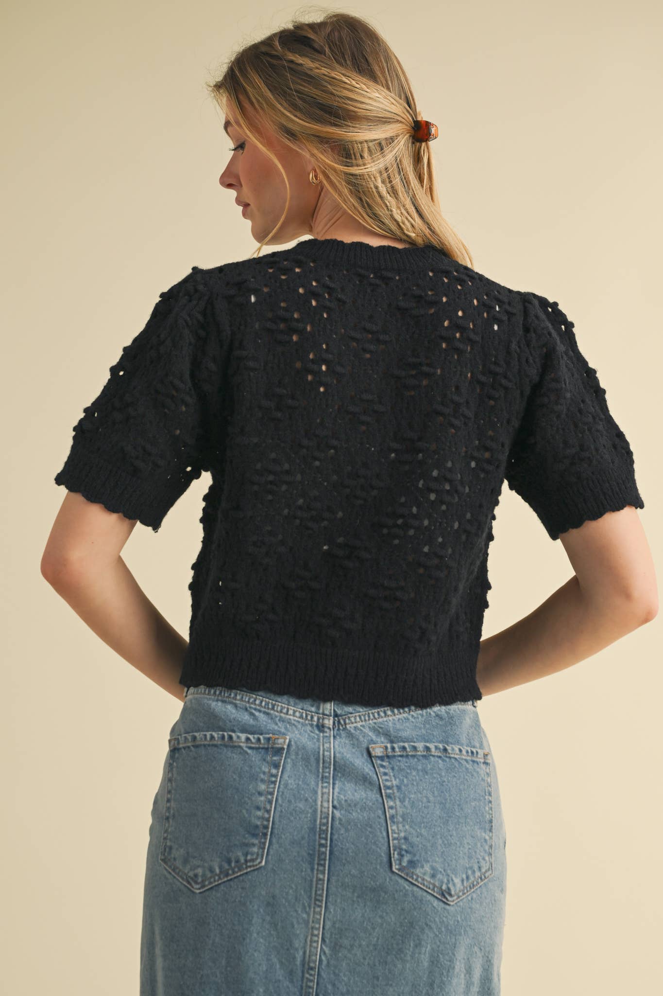 &MERCI - Wholesale Cardigan - Women's - CROPPED POINTELLE BUTTON DOWN SWEATER CARDIGAN MSW1085750