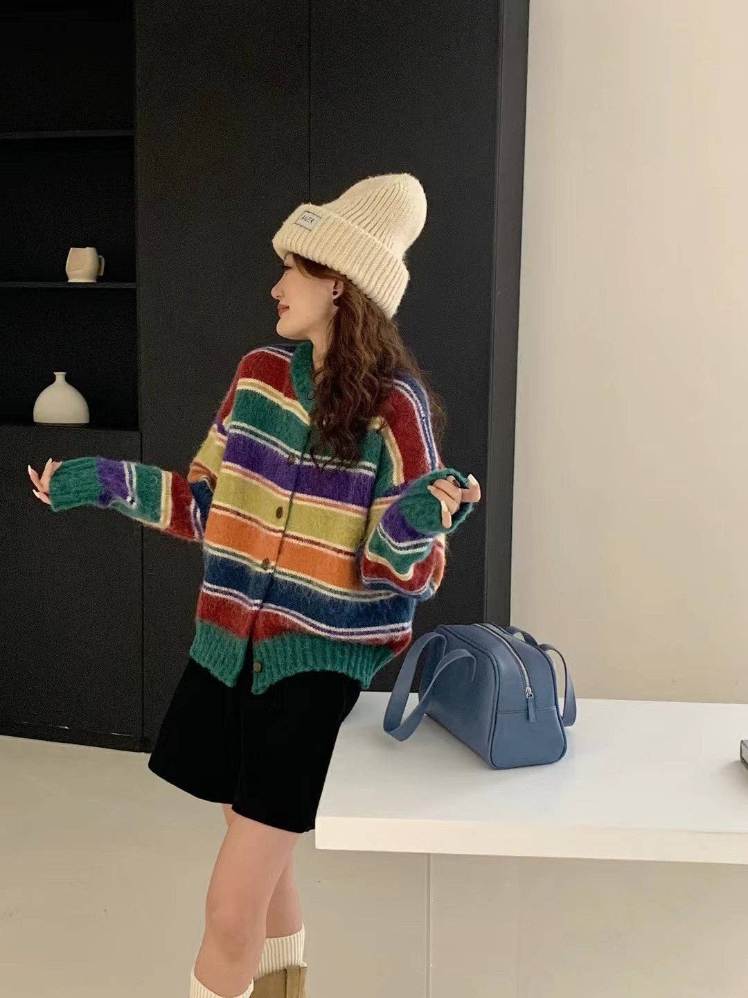 Marayn - Wholesale Cardigan - Women's - Retro Rainbow Stripe Knit Cardigan Cozy  Chic10