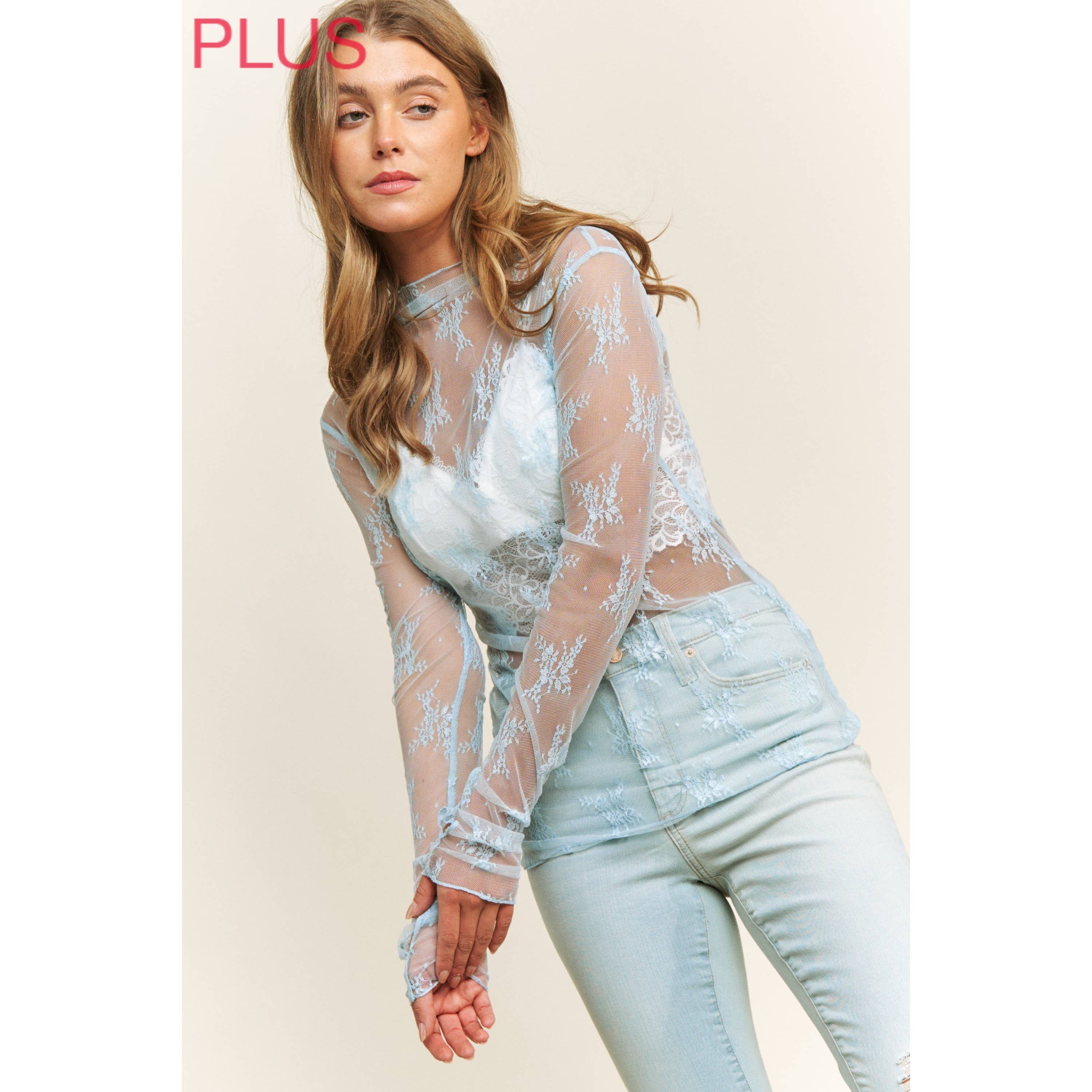 Sweet Generis - Wholesale Knit Top - Women's - PLUS MESH LACE HIGH NECK DESIGN LONG SLEEVE FITTED TOP14