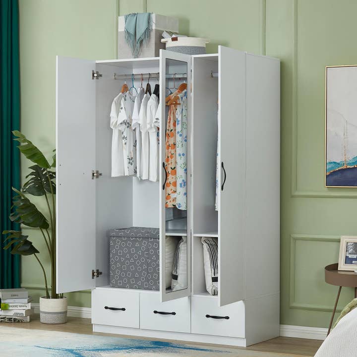 Livelylodge - Wholesale Bedroom Furniture - Wood 3 Door Armoire Wardrobe with Mirror White2